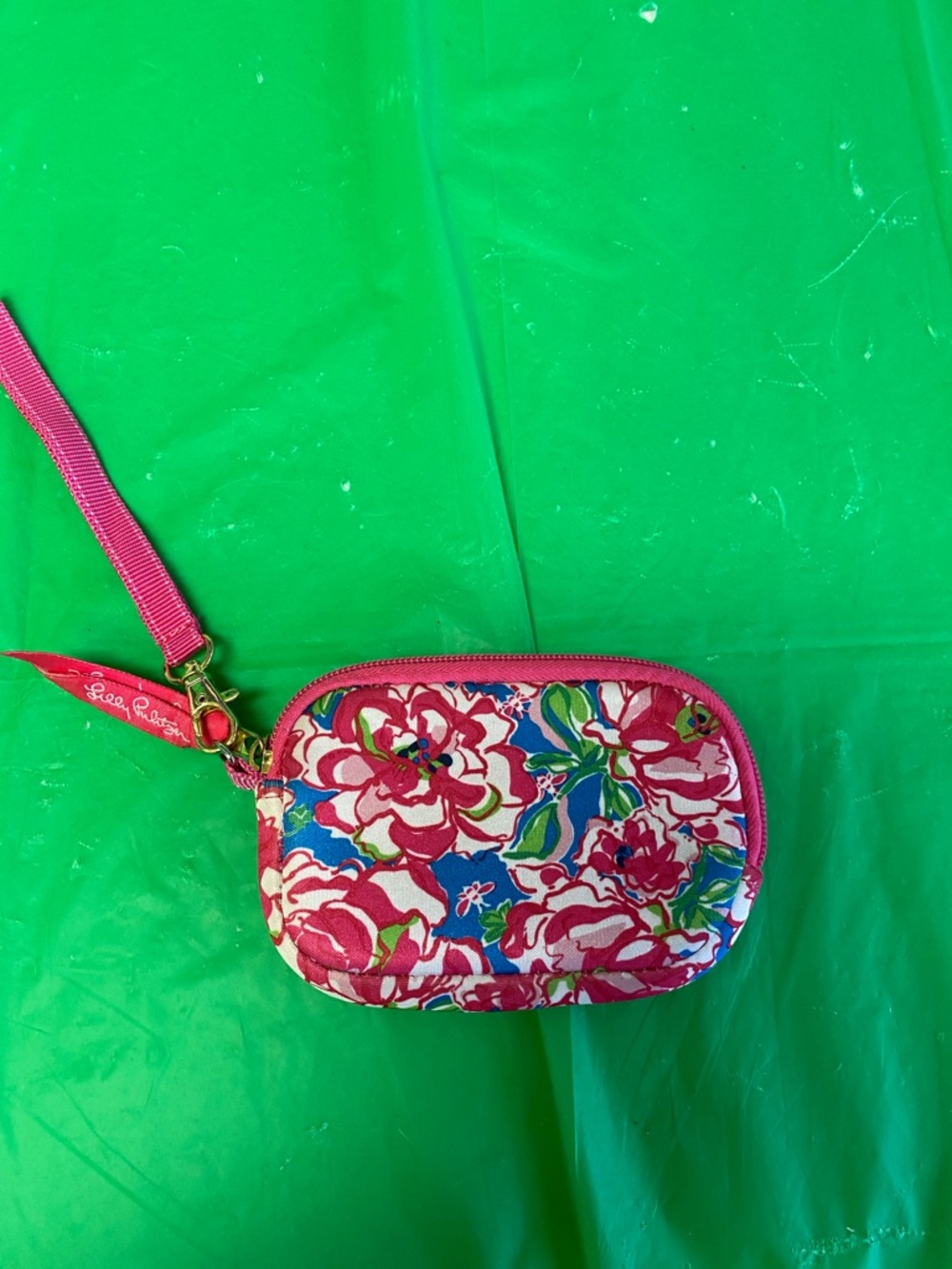Vera Bradley Pink Floral Wristlet Pouch with Blue Accents